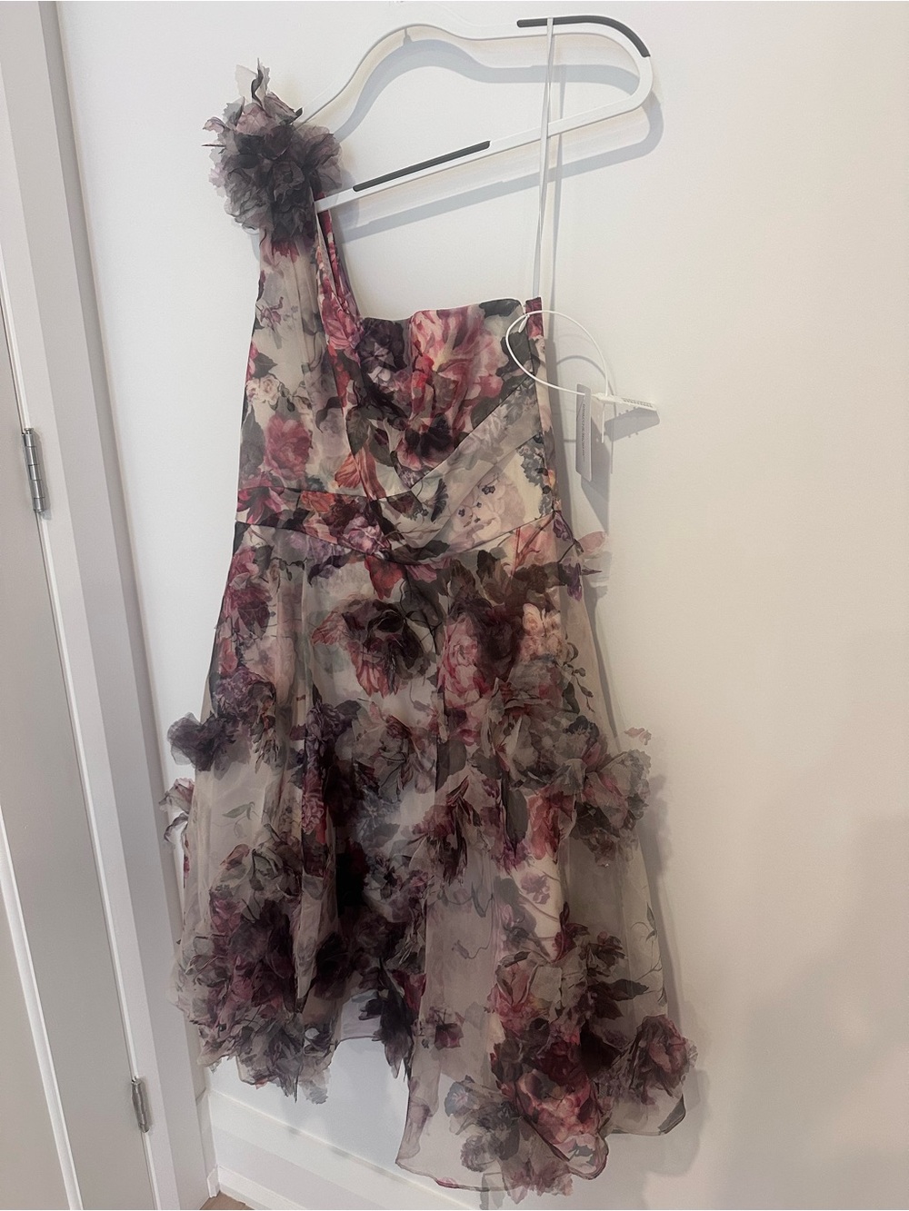 Marchesa FloralOne-Shoulder Dress in Cream and Mauve - NWT